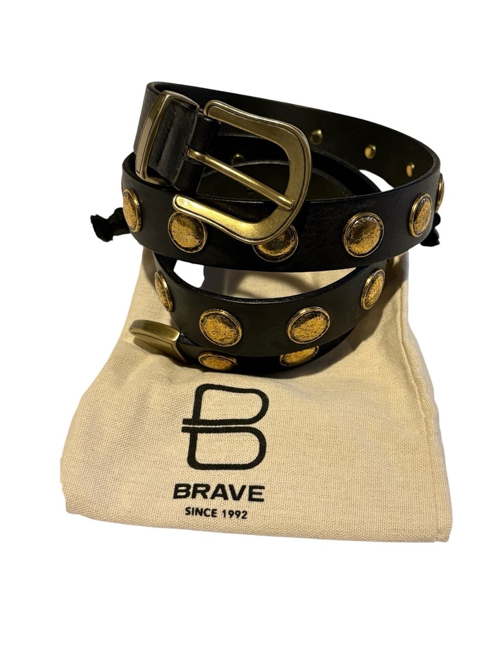 BRAVE Black Leather Studded Belt with Antiqued Gold Accents